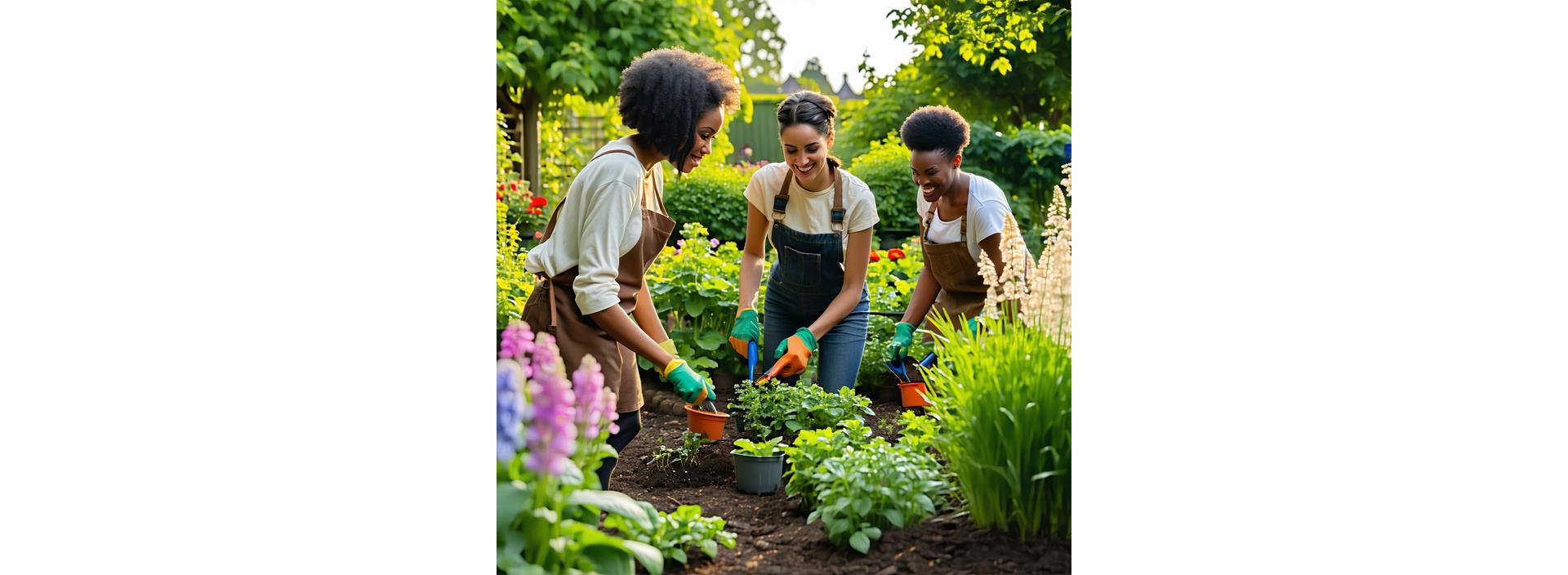 Lush Bristol garden flourishing with diverse people using GreenThrive tools